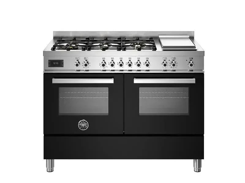Black dual oven gas range with stainless steel cooktop and griddle, ideal for designer kitchens
