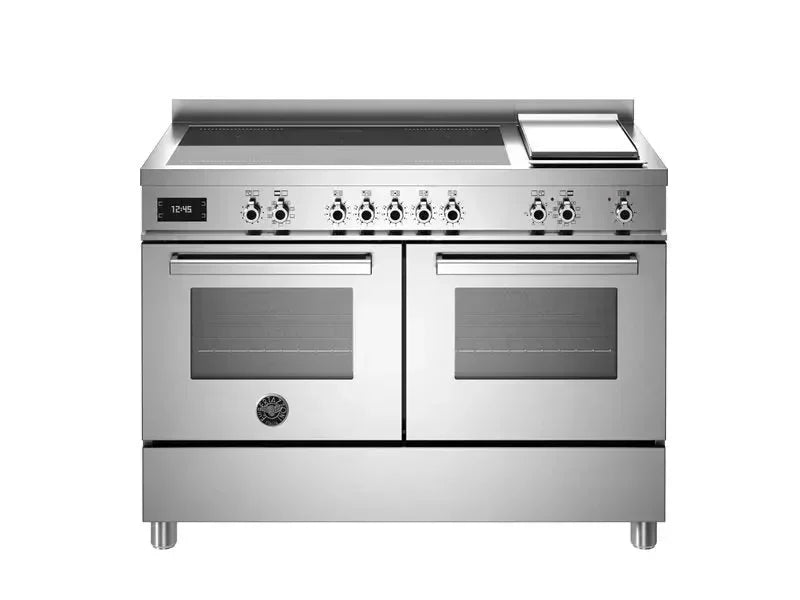 Stainless steel dual oven range with induction cooktop and griddle, ideal for modern designer kitchens