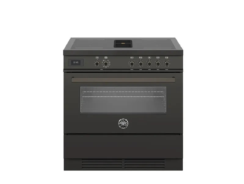 Black freestanding electric range with glass cooktop and oven, modern kitchen appliance
