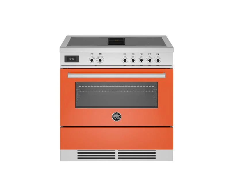 Vibrant orange designer electric range with stainless steel controls and glass cooktop for modern kitchens