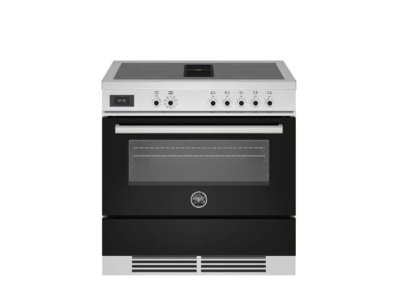 Black and stainless steel electric range with glass cooktop and oven, ideal for modern kitchens