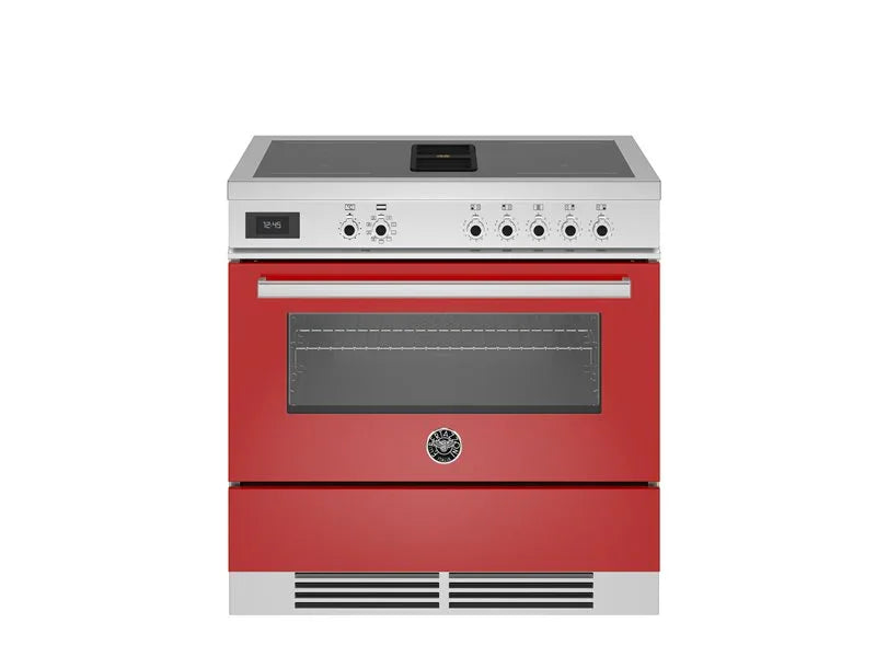 Vibrant red designer electric range with induction cooktop and oven, perfect for modern kitchens