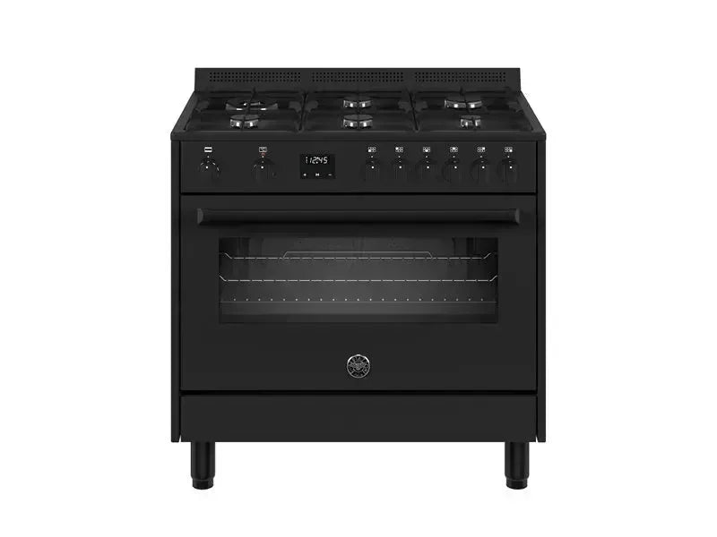 Black 5-burner gas range with oven, modern kitchen appliance for designer kitchens