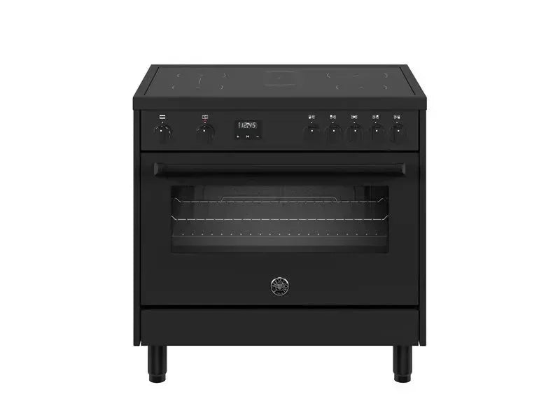 Black electric range cooker with digital display and oven, modern kitchen appliance