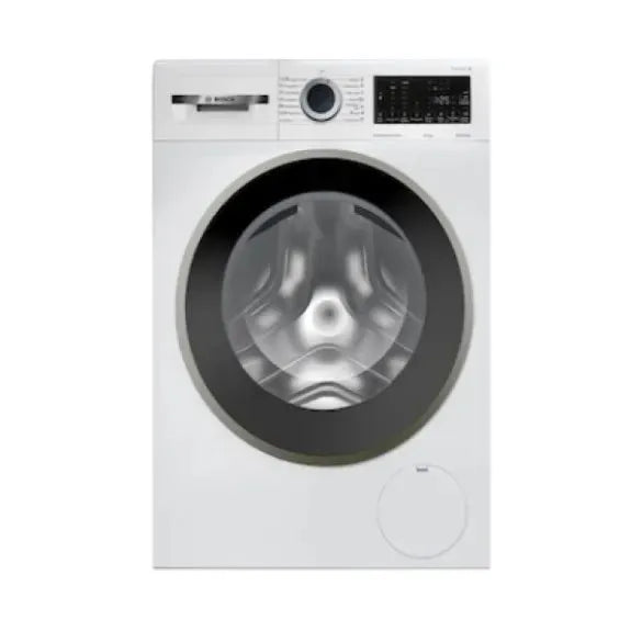 White front load washing machine with digital display and large circular door, modern laundry appliance