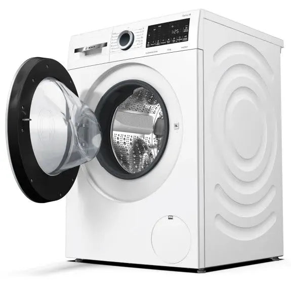 White front-load washing machine with open door, digital display, and modern design for home laundry