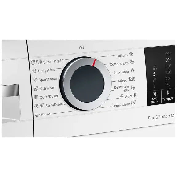 Modern washing machine control panel with EcoSilence Drive, multiple wash cycles, and digital temperature display