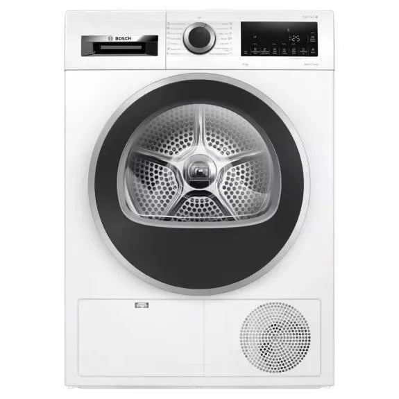 Bosch front load dryer with digital display and large glass door, sleek white design for modern kitchens