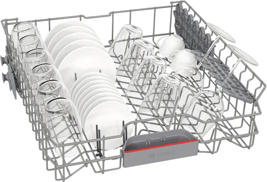 Bosch dishwasher rack with clean plates, glasses, and cups neatly arranged for efficient drying.