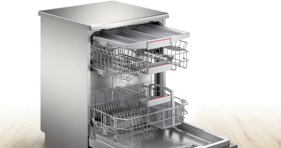 Stainless steel dishwasher with open racks and interior view, showcasing modern kitchen appliance design
