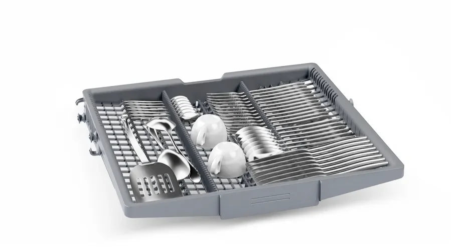 Grey dishwasher utensil basket with cutlery and spoons organized in compartments