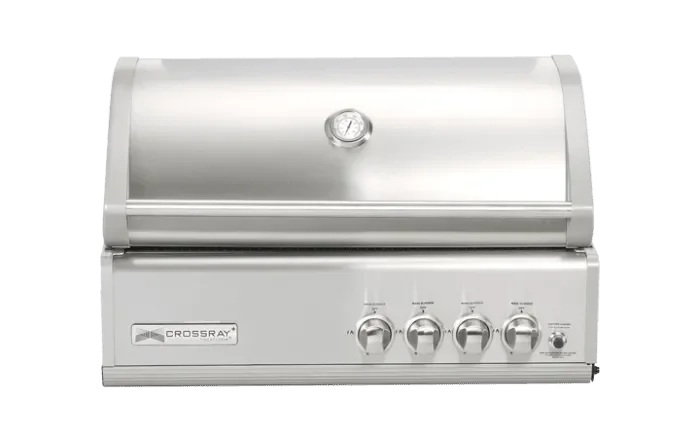 Stainless steel outdoor grill with control knobs and lid thermometer