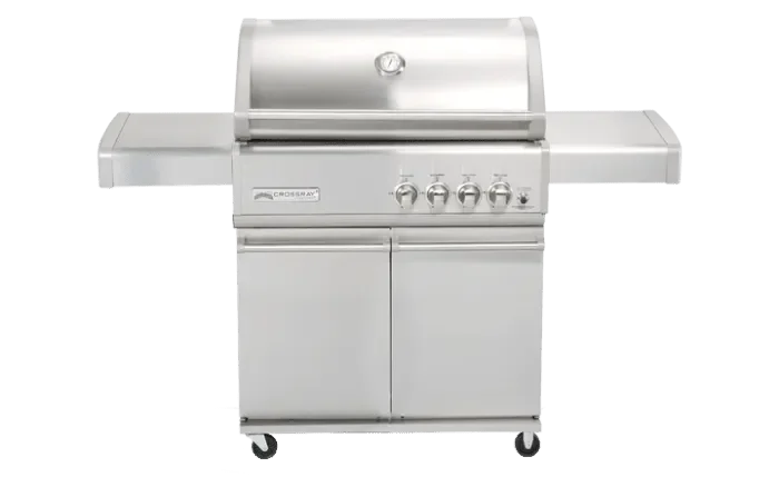 Stainless steel outdoor gas grill with side shelves and control knobs
