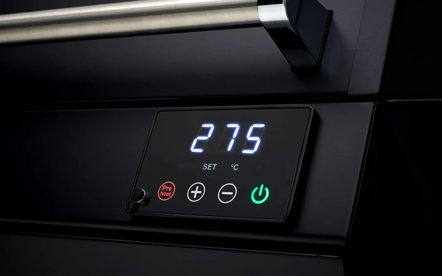 Falcon premium European glass black induction cooker control panel displaying 275°C