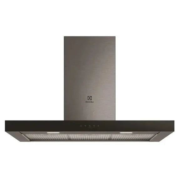 Stainless steel glass black upright kitchen rangehood with induction lighting, 1100mm wide.