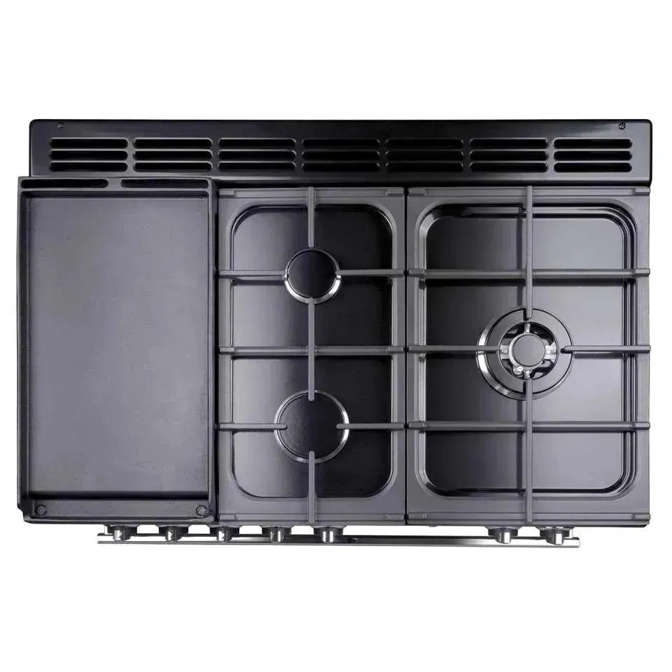 Black gas cooktop with griddle and three burners, modern kitchen appliance