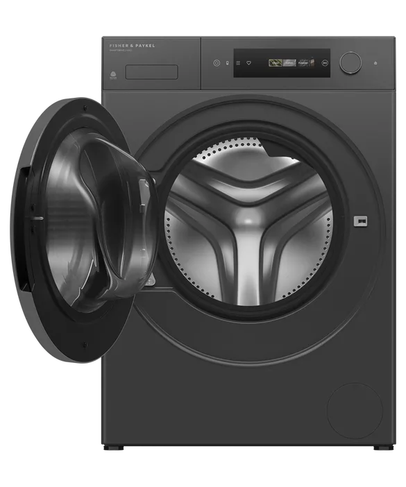 Fisher & Paykel black front-load washing machine with open door and sleek design