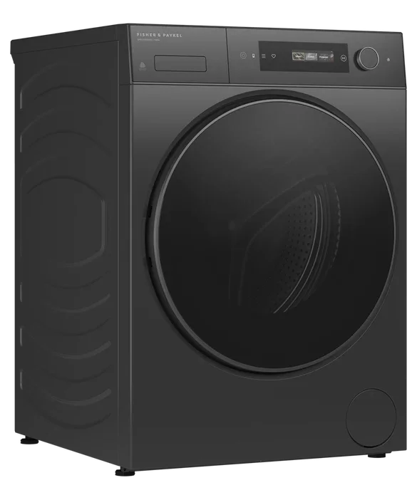 Fisher & Paykel black front-load washing machine with digital display