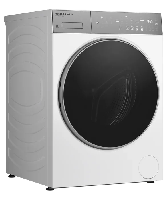 Fisher & Paykel white front-load washing machine with digital controls