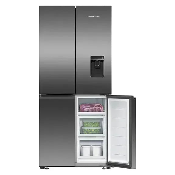 Stainless steel French door refrigerator with open freezer drawer, showcasing organized food storage and water dispenser.