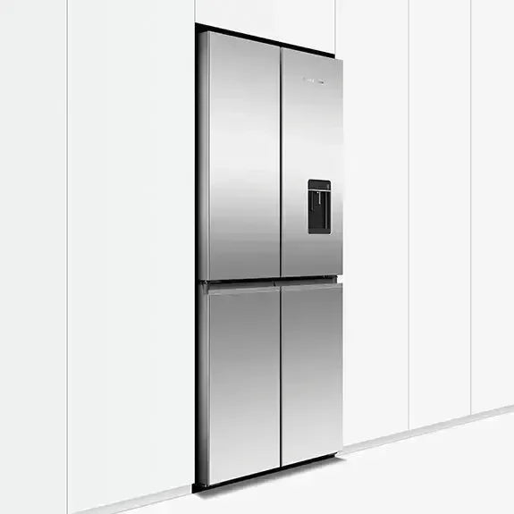 Stainless steel French door refrigerator with water dispenser, modern kitchen appliance