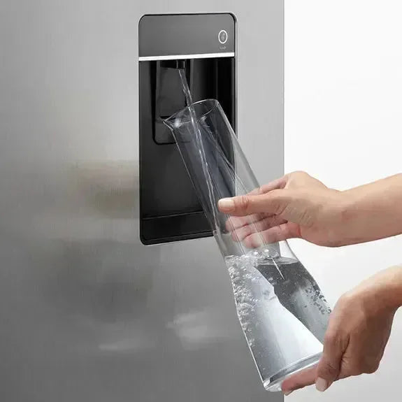 Modern refrigerator water dispenser pouring into glass, sleek kitchen appliance design