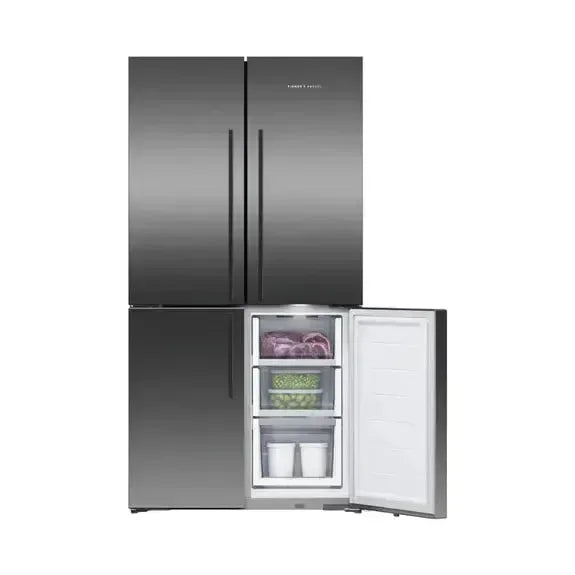 Stainless steel French door refrigerator with open freezer drawer, showcasing organized food storage for modern kitchens