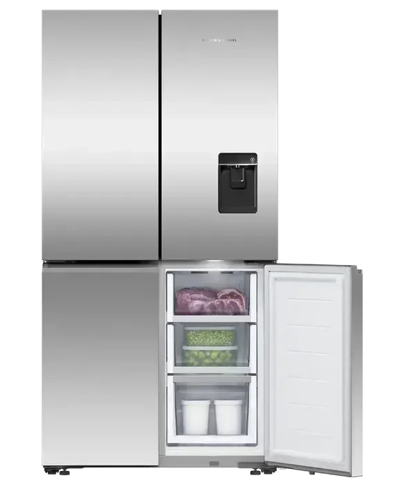 Stainless steel French door refrigerator with water dispenser and open freezer showing organized food storage