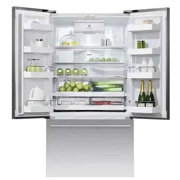 Stainless steel French door refrigerator with open doors, stocked with fresh produce, drinks, and wine, showcasing spacious interior storage.