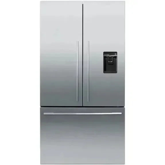 Stainless steel French door refrigerator with water dispenser, modern kitchen appliance