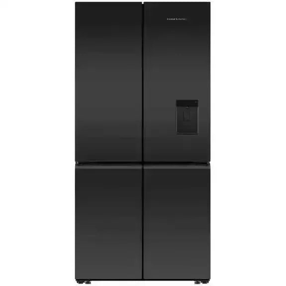 Sleek black French door refrigerator with water dispenser, modern kitchen appliance