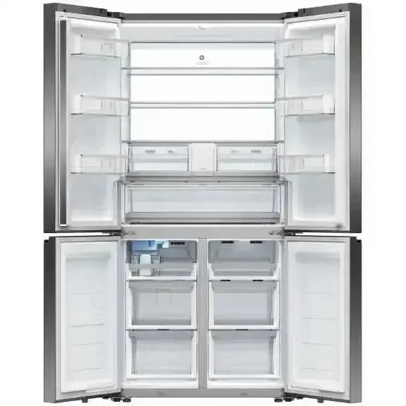 Stainless steel French door refrigerator with open doors, showcasing spacious interior shelves and drawers for modern kitchen storage.