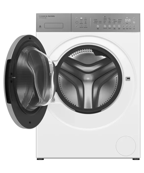 Fisher & Paykel front-load washing machine with open door and sleek control panel