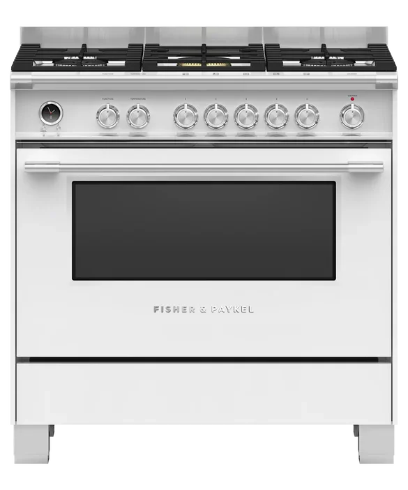 Fisher & Paykel white upright induction cooker with glass top and control knobs