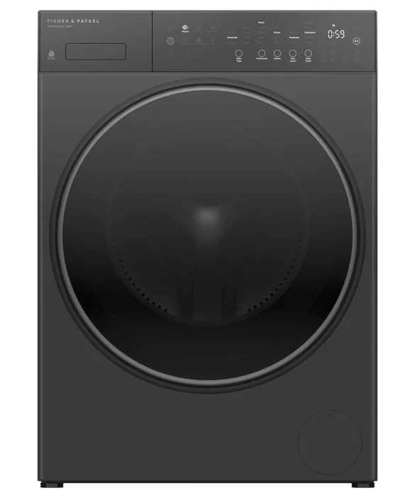 Fisher & Paykel black front-load washing machine with digital controls