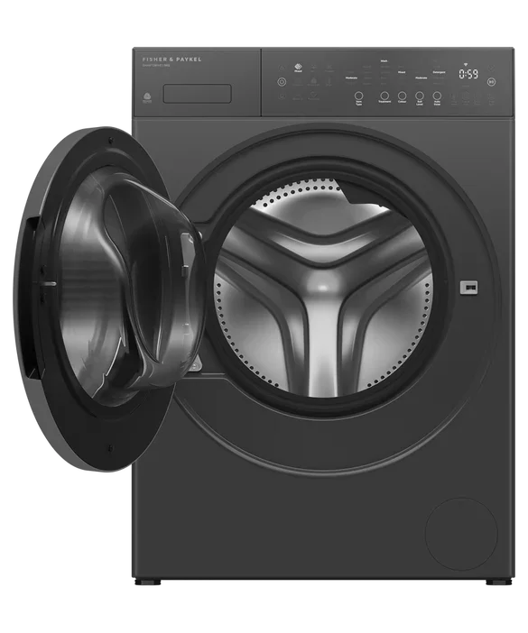 Fisher & Paykel black front-load washing machine with open door and sleek control panel