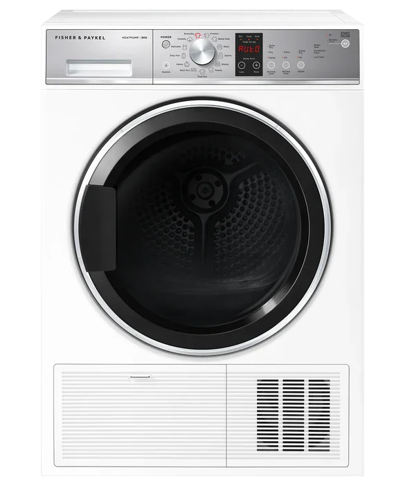 Fisher & Paykel white heat pump dryer with digital controls and large round door