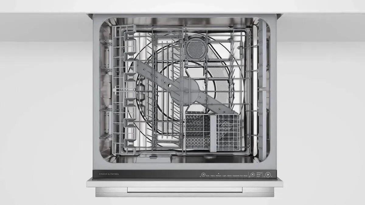 Stainless steel Fisher & Paykel dishwasher interior with adjustable racks and spray arms