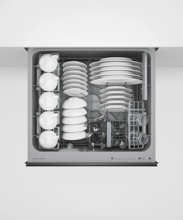 Fisher & Paykel dishwasher with neatly arranged white dishes and glassware inside