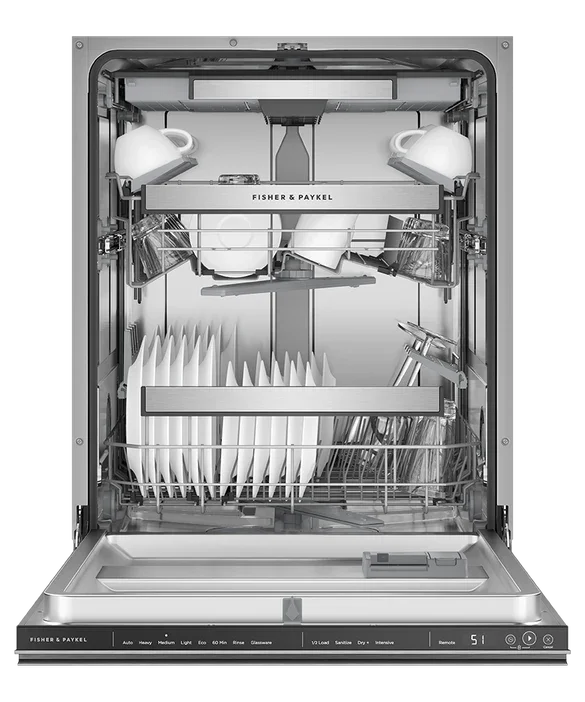 Fisher & Paykel dishwasher with clean dishes and modern interior design