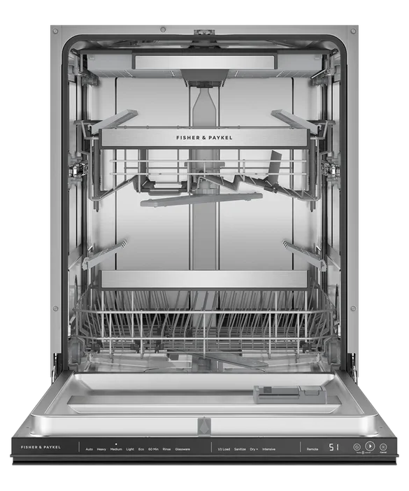 Fisher & Paykel dishwasher interior with adjustable racks and control panel