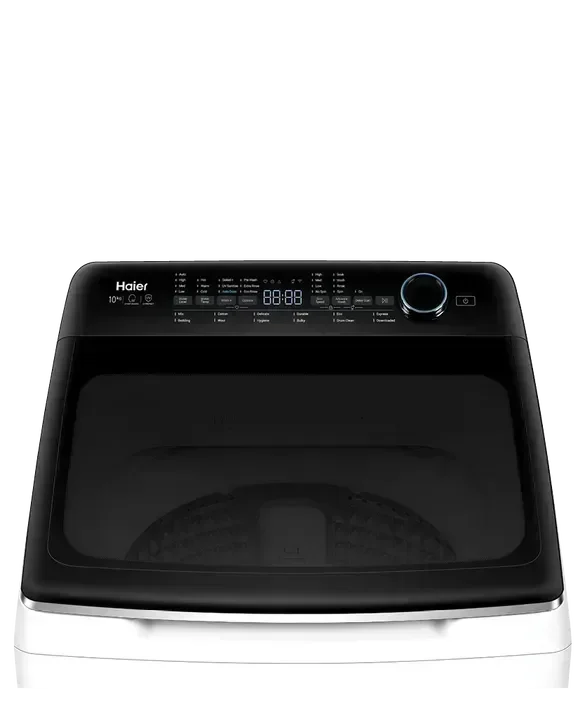 Haier top load washing machine with digital control panel and large glass lid