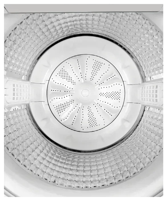 White front-load washing machine drum with perforated design and agitator fins for efficient laundry cycles