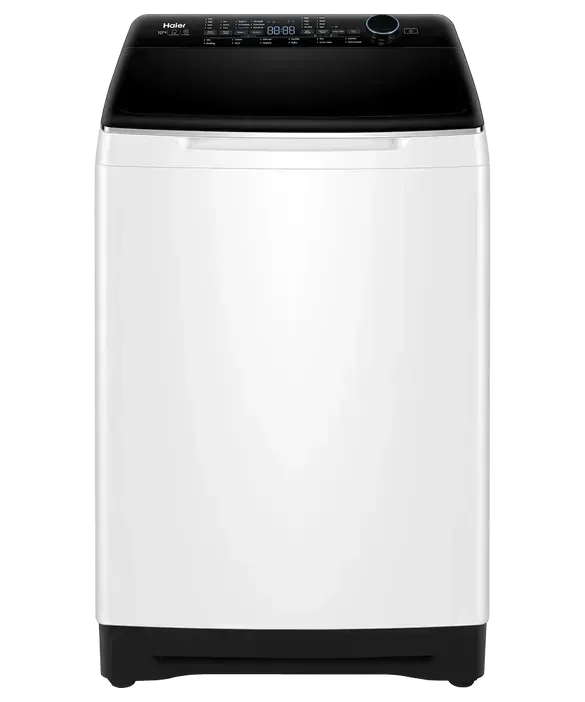 White top load washing machine with digital control panel, modern home appliance