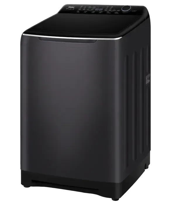 Black Haier top load washing machine with digital control panel for modern laundry needs