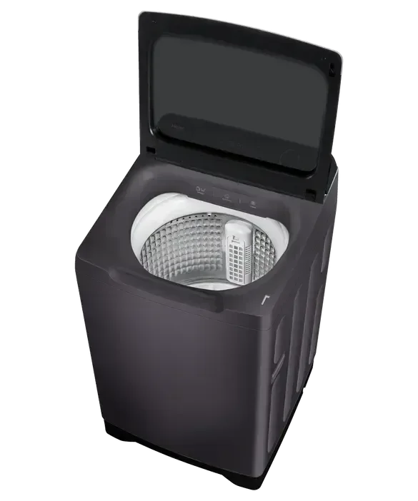 Black top load washing machine with open lid, showing drum and agitator, modern home appliance