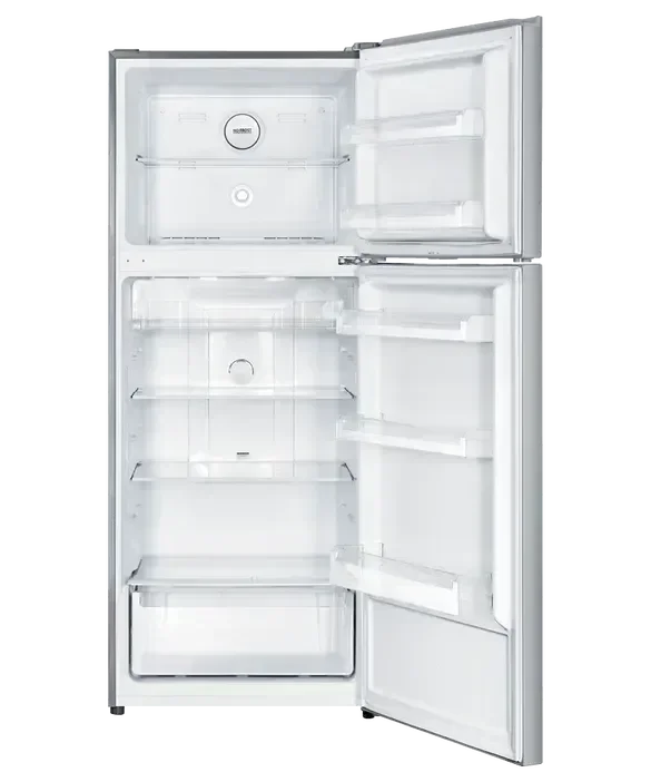 Stainless steel top-freezer refrigerator with open doors, showcasing spacious interior shelves and compartments