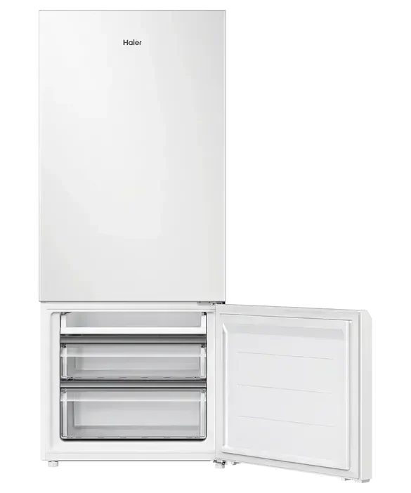 White Haier refrigerator with open freezer drawers, sleek design for modern kitchens