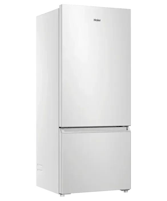 White Haier bottom freezer refrigerator for modern kitchen appliance design
