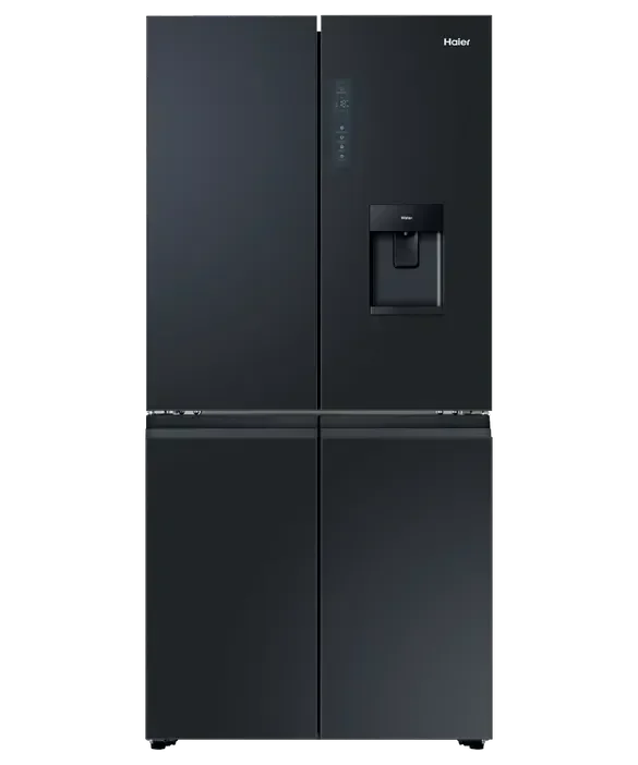 Sleek black Haier French door refrigerator with water dispenser, modern kitchen appliance